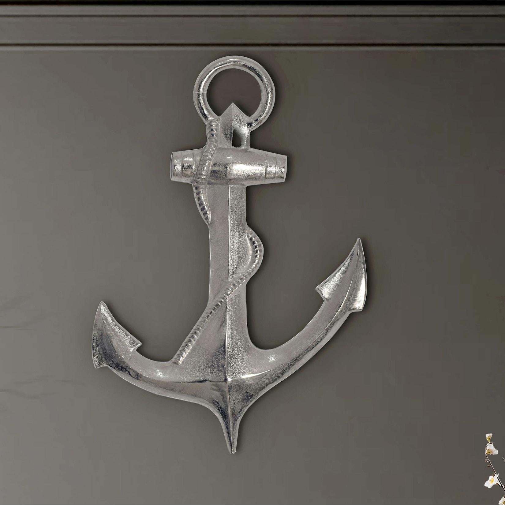 Deko Anker FineBuy Wanddeko 70 cm Silber XXL Maritim Aluminium Modern Wohndeko
