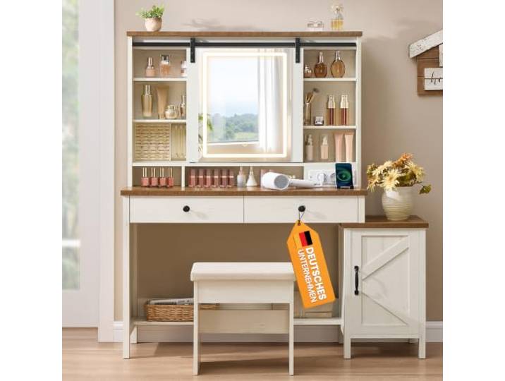 VASAGLE Schminktisch mit Beleuchtung und Hocker, 2 Schubladen, mit Spiege Frisiertisch im Landhausstil, Ladestation, Schmuckaufbewahrung, rustikales Weiss-honigbraun, LIRY Kollektion RDT136W01