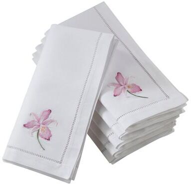 Saro Lifestyle Hemstitch Border Cotton Napkins With Fuchsia Embroidery (Set of 6)
