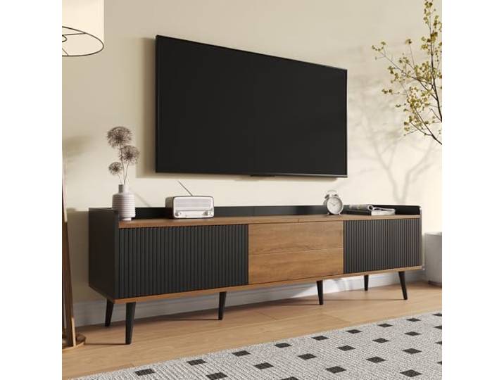 BTM TV Schrank 160cm, TV Unterschrank mit 3 Türen, TV Möbel Kompakt in Schwarz Holz, Lowboard mit Kippschutz & erhöhter Kante Stauraum, Sideboard für Wohnzimmer