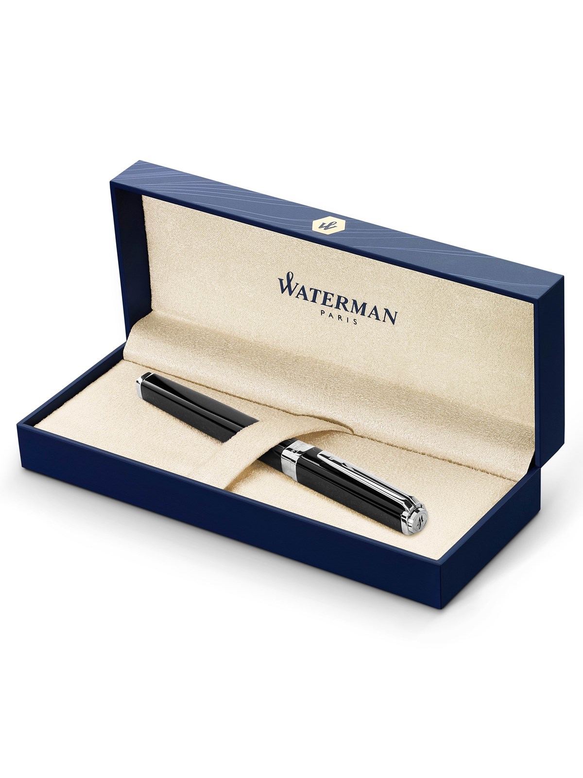 Waterman Exception Füller (Modell "Slim") | schwarz mit Silber-plattiertem Clip | Füllfederhalter mit feiner Feder und blauer Tinte | Geschenkbox