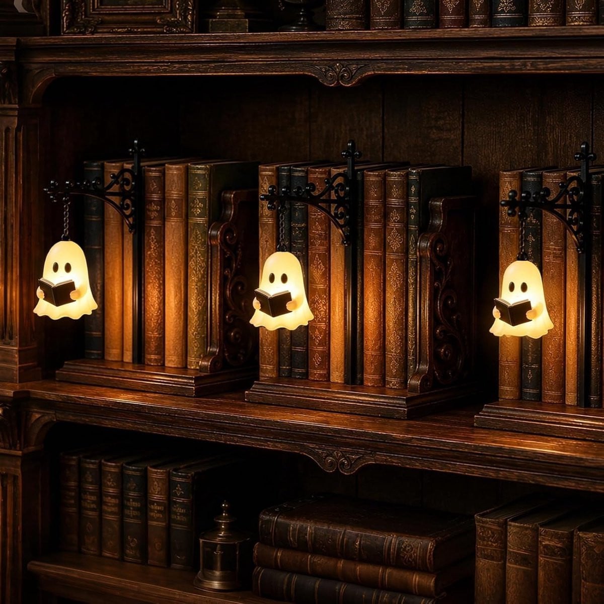 Set van 3 PZCC Boekensteunen van Metaal met LED Sfeerverlichting in Vintage Ghost Design