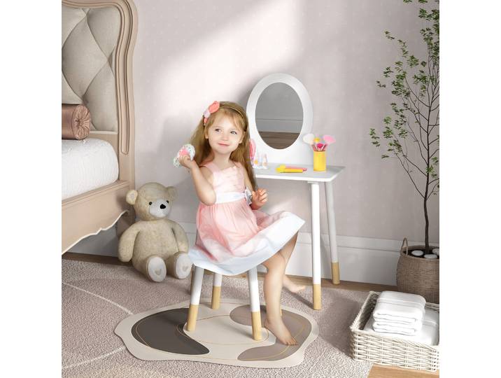 AIYAPLAY Coiffeuse Enfant 2 Pièces avec Tabouret Blanc