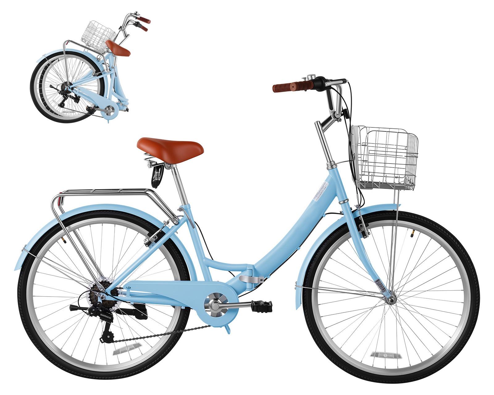SucceBuy Damenfahrrad 26 Zoll 7-Gang Cruiser-Fahrrad Citybike Hellblau, ideal für Stadt, Strand, Einkäufe und Reisen, mit tiefem Einstieg, klappbarem Frontkorb, Gepäckträger bis 50 kg und Doppel-V-Bremse