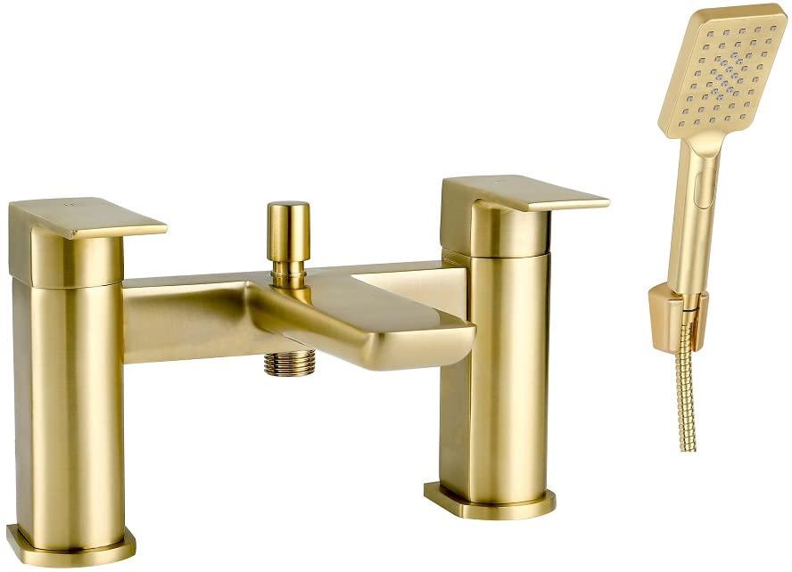 Bad-Dusche-Mischbatterie mit Handbrause, Doppelhebel, gebürstetes Messing Gold