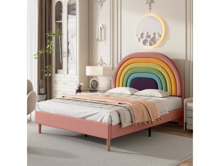 DRIPEX Lit Capitonné 140×200cm avec tête de lit motif arc-en-ciel Lit en velour pour enfant adultes Rose