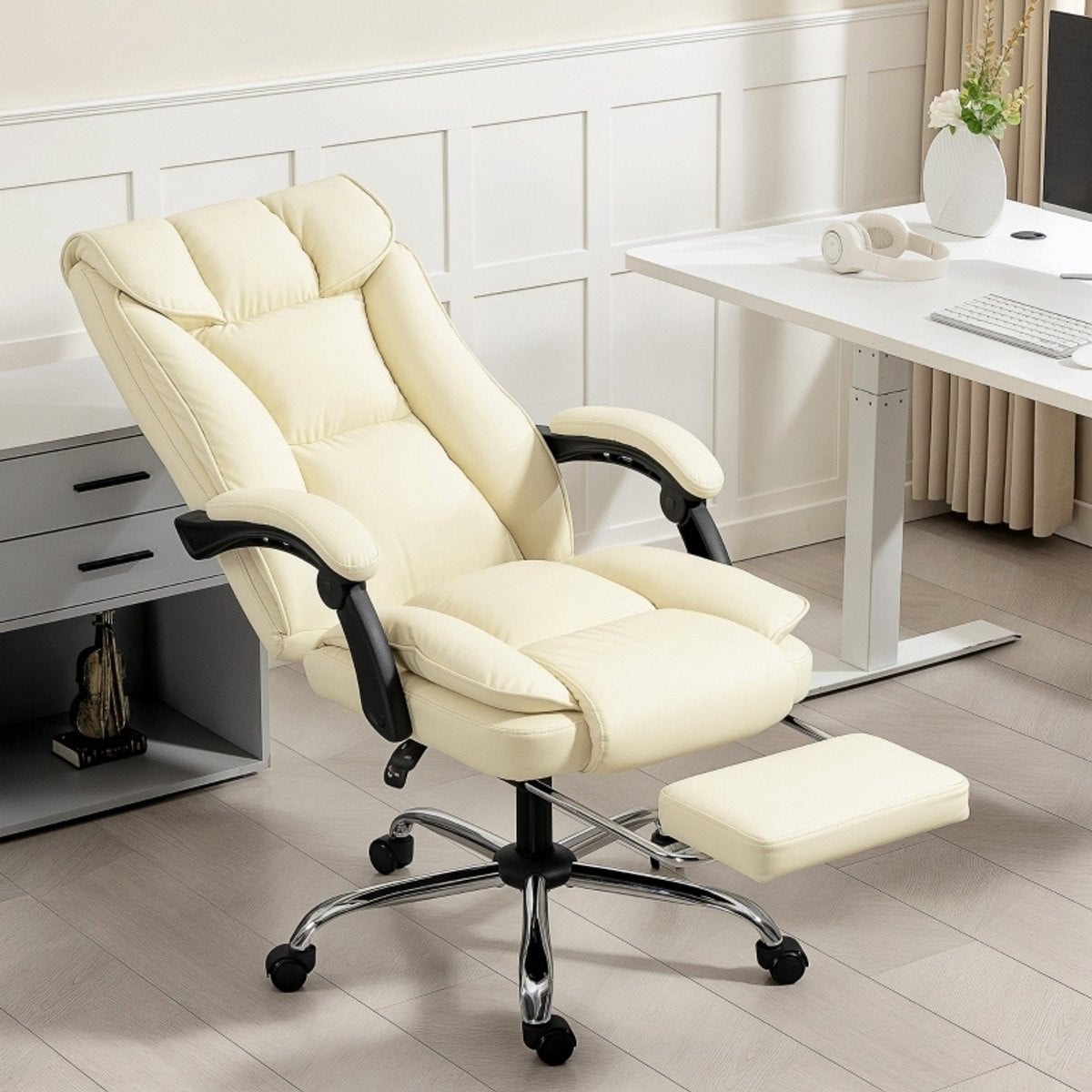 STILVORA Bureaustoel met Voetsteun - Ergonomisch en Verstelbaar - Kunstleer - Beige