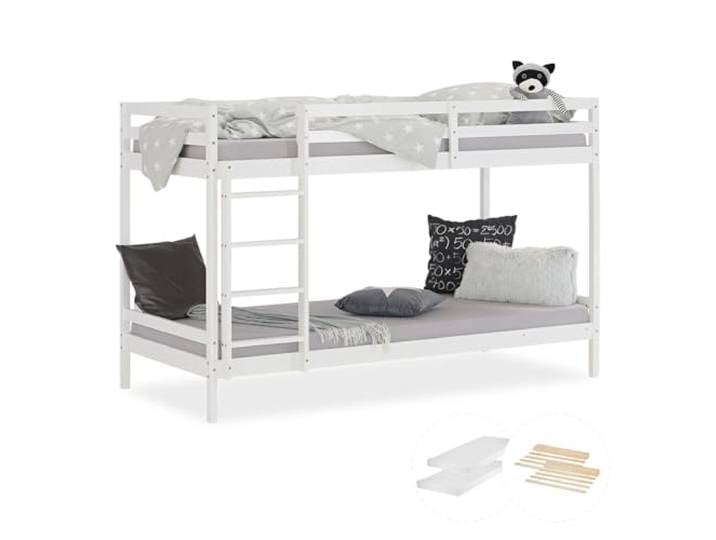 Homestyle4u Etagenbett 90x200 Weiß Kiefer Holz 2 Kinder mit Lattenrost und 2 Matratzen Hochbett Kinderbett Kinderzimmer