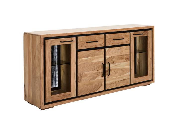 Landscape Sideboard, Schwarz, Akazie, Holz, Glas, Akazie, Altholz, vollmassiv, Holz, 4 Fächer, 2 Schublade(n) Schubladen, F, kaltweiß, 170x80x40 cm, Beimöbel erhältlich, stehend, Holzmöbel, Kleinmöbel Holz, Holzkommoden, Sideboards Holz