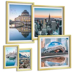 BILDER SET 5er Set - 50x50 cm & 20x30 cm & 40x60 cm Goldrahmen - Architektur von Städten am Wasser