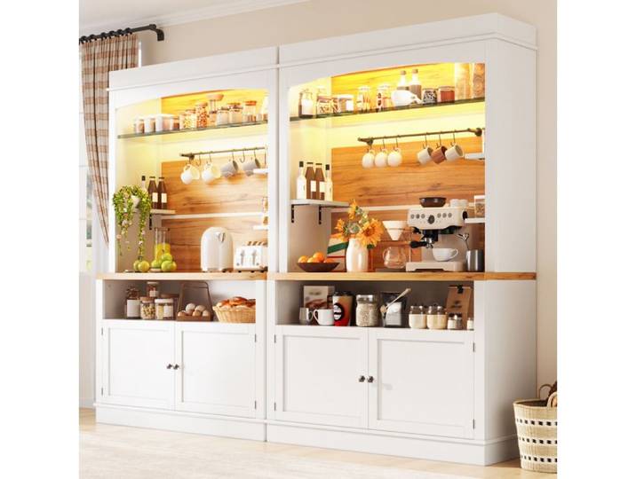 Lot de 2 Buffets Hauts avec LED Étagère en Verre et Barre à 6 Crochets - TCQPZ - MDF et Métal - Blanc