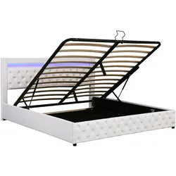 Merax LED Hydraulisches Polsterbett 180x200 Stauraumbett Doppelbett aus Kunstleder mit Lattenrost Weiß