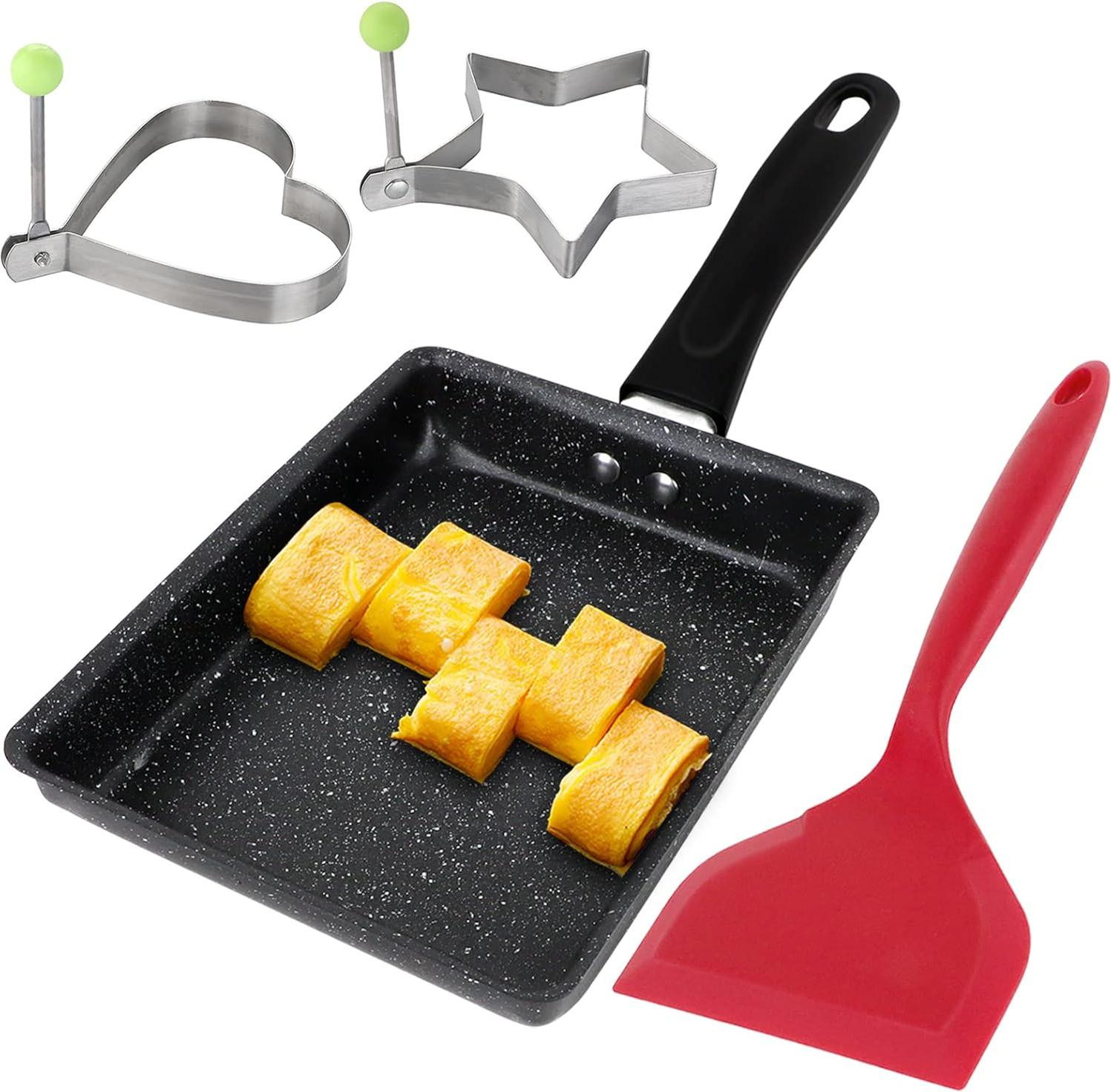 Japanse omeletpan voor Tamagoyaki - Zwarte antiaanbakpan van aluminium inclusief panfilter en eierhaker