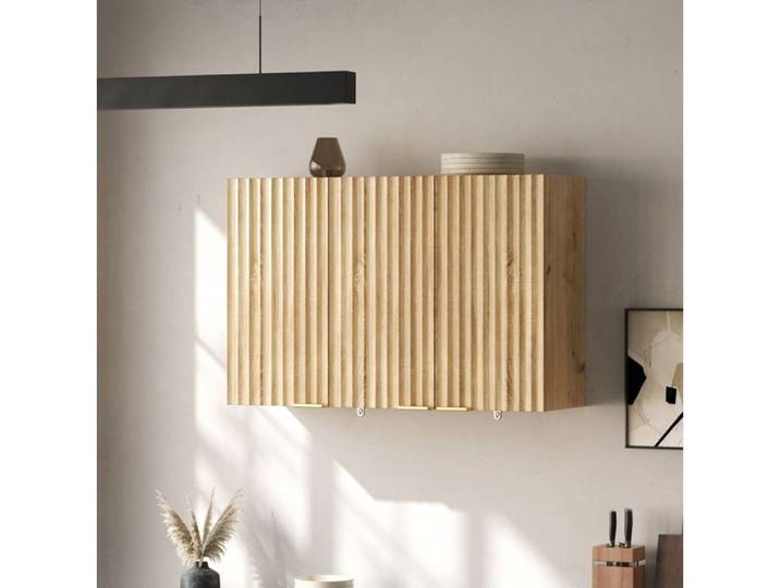 VUENOR Meuble haut mural 3 portes 90 x 29 x 60 cm naturel – rangement fermé et gain de place