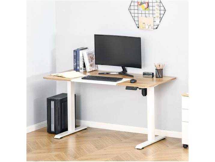 Bureau assis-debout électrique 140 x 70 cm blanc et aspect bois réglable 72-116 cm