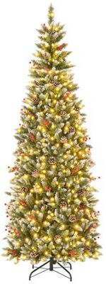 Costway Pre-lit Artificial Pencil Christmas Tree with Pine Cones and Red Berries-7 ft