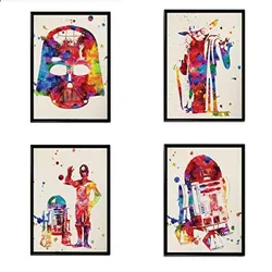 POSTER Set mit 4 Star Wars Film Darth Vader, Yoda, R2D2 und C3PO A4 Schwarzer Rahmen