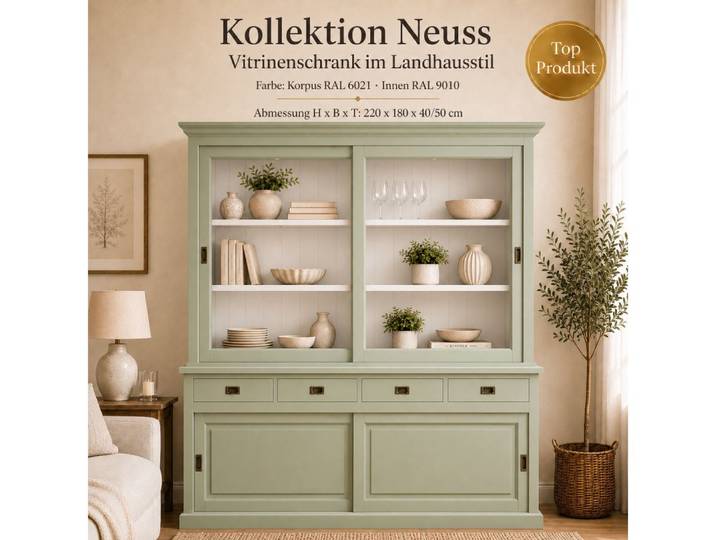 Wohnpalast Vitrine Vitrinen Schrank Neuss 180 cm blassgrün - Vitrine mit Schiebetüren