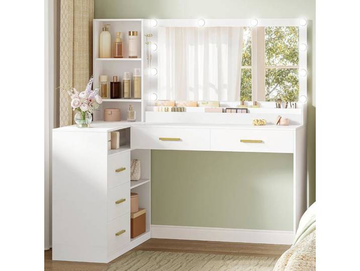 Coiffeuse avec Grand Miroir LED Luminosité Réglable Table de Maquillage en L Coiffeuse avec 5 Tiroirs et Étagères Ouverts Blanc