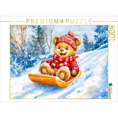 CALVENDO Puzzle Teddy rodelt mit Schlitten im Winter | 1000 Teile Lege-Größe 64x48cm Foto-Puzzle für glückliche Stunden