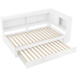 OKWISH Daybett Kiefernholz Weiß 223x115x80 cm mit ausziehbarem Rollbett, LED-Beleuchtung, Steckdose, USB und USB-C