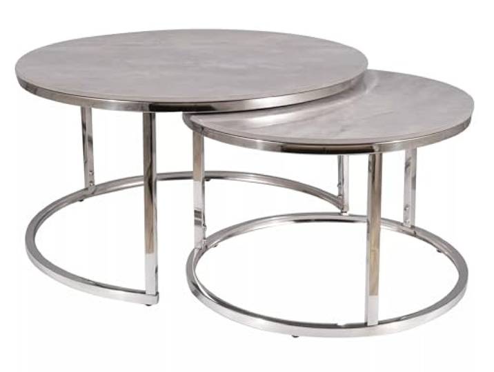 SIGNAL MEBLE PORTAFINO, Couchtisch, 2-teilig, Keramik-Tischplatte, Luxus Couchtisch Set, Chrom-Metallgestell, Ø80/60cm, Weiß/Chrom