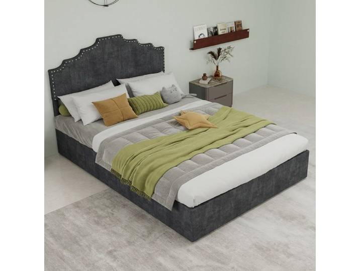 Lit double 140x200 cm - DREAMMESPACE - Rembourré - Coffre - Métal - Gris