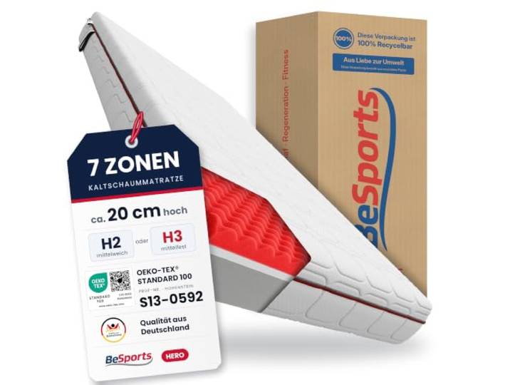 Hero 7-Zonen ergonomische Matratze 120x200 H2/H3 zwei Härtegrade wendbar Kaltschaummatratze 120x200, 20 cm hoch, Airflex-Hybridschaum mit 800+ Kontaktpunkten, waschbar bei 60°