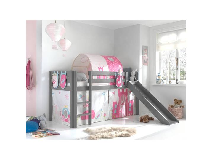Spielbett Princess 90 x 200cm Grau/Kiefer Grau mit Taschen/mit Rutsche/mit Tunnel/mit Leiter
