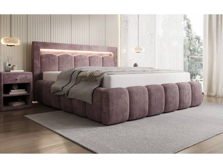 Designer Polsterbett Lume in Cord mit Stauraum und RGB Beleuchtung - 140x200 - Mauve - Luxusbetten24