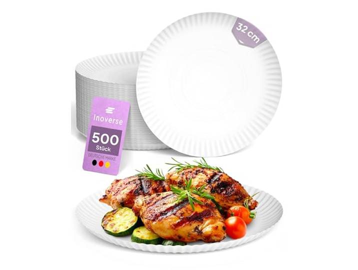 Inoverse Pappteller groß 32 cm Rund, 500 Stück, Einwegteller Weiß Umweltfreundlich, Einwegteller, Einweggeschirr, für Pizza, Kuchen, Grillgerichte, für Geburtstage Feiern Veranstaltungen