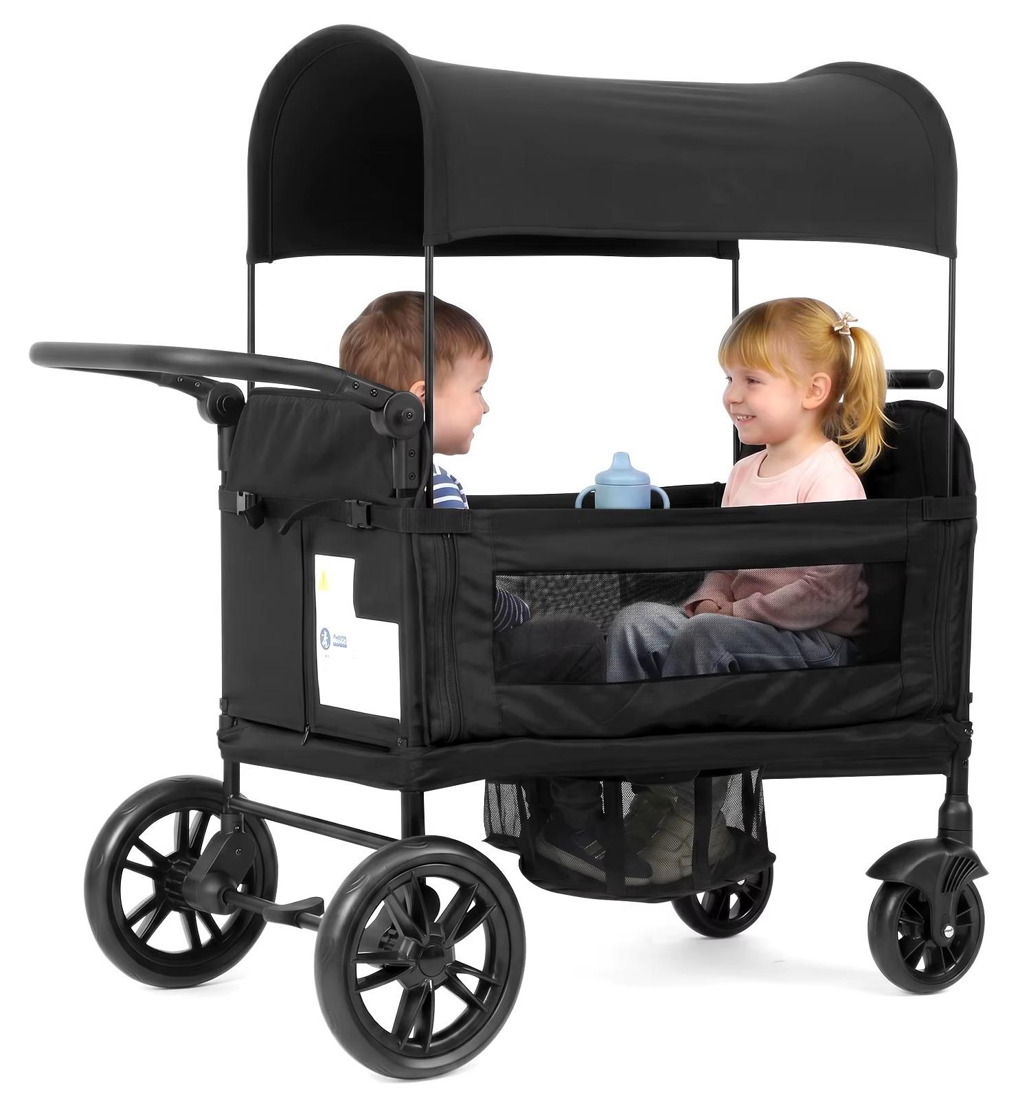 Kinderwagen mit Sitz - Faltbarer Geschwisterwagen für 2 Kinder - Tragfähigkeit 20 kg - Edelstahl - 8-fach verstellbarer gepolsterter Griff - Sonnendach und Tablett - Schwarz