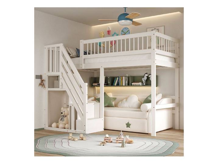 Flieks Hochbett Massivholz Einzelbett Kinderbett 90x200cm mit Stauraumtreppe