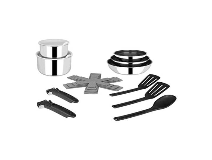 Sitram, Kochgeschirr aus Edelstahl, 15-teilig, 2 Töpfe mit 2 Deckeln, 3 Filzplatten, 2 Pfannenwender, 1 Löffel aus Nylon, 2 abnehmbare Griffe, für alle Herde, auch Induktionsherde, Grau