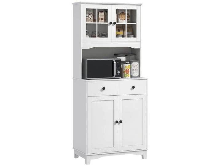 Buffet vitrine - MINIMAL - Modèle standard - Blanc - 2 portes vitrées - 2 tiroirs - Plan de travail passe-câble