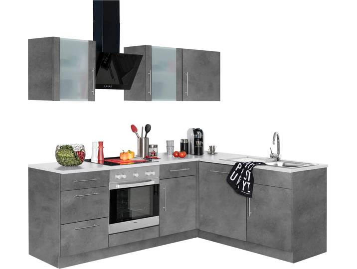 Winkelküche, Grau, 220x170 cm, Holzwerkstoff, Mit E-Geräten, Modern