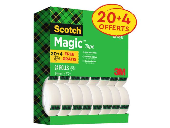 Scotch Magic Tape Ruban adhésif invisible 19 mm x 33 m (Lot de 20 + 4 OFFERTS)