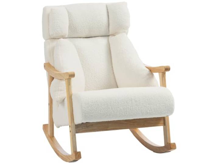 HOMCOM Teddyplüsch-Schaukelstuhl, Creme mit Kopfstütze, breiter Sitzfläche, 2-Lagen-Kissen, ergonomischer Lehne und Kautschukholz-Gestell, für Wohn- und Schlafzimmer
