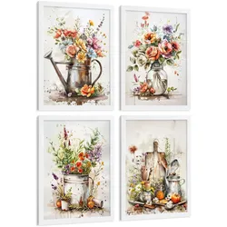 POSTER 4er Set Blumen Küchen-Wandbilder Gießkanne Vase Utensilien Botanisches Aquarell Wohnzimmer Deko Weißer Rahmen A3