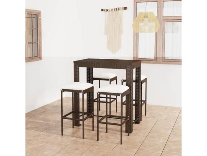 Pulverbeschichtetes Stahlgestell Wetterfestes PE Rattan 5 tlg. 100 cm Braun 5-tlg. Gartenbar-Set mit Kissen Poly Rattan Braun, wetterfestes Bar-Set aus Stahl und PE-Rattan, Bartisch mit Ablage und 4