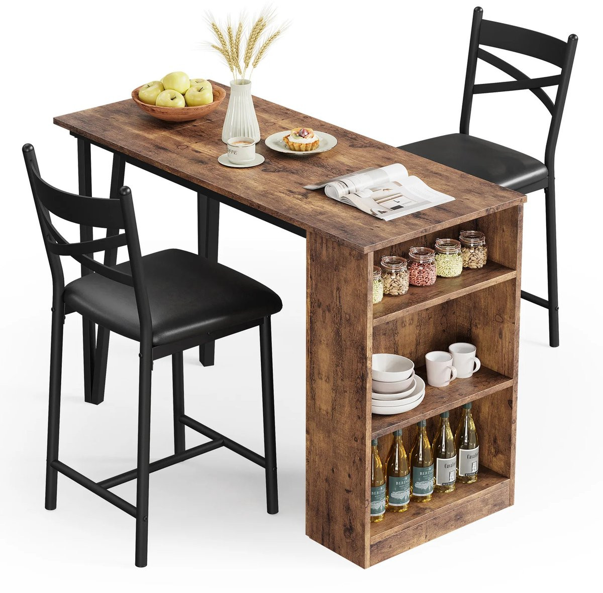 Gudalio Bartafel Set met 2 Barkrukken, Uitschuifbaar, Bruin