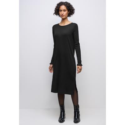 Midikleid STREET ONE, Damen, Gr. 34, EURO-Größen, schwarz, Stoff, 63% Polyester, 34% Viskose, 3% Elasthan, unifarben, normal kniebedeckend, Rundhals, gewellter Abschluss, Kleider Midikleid, mit Rundhalsausschnitt