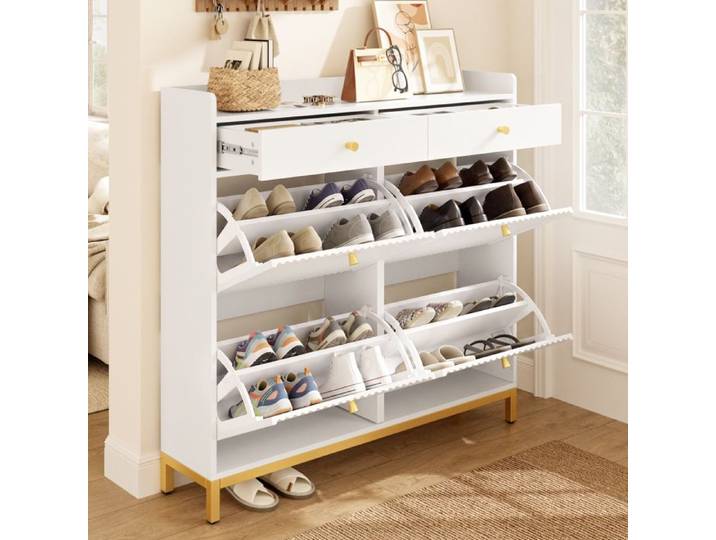Meuble à Chaussures 4 Abattants avec 2 Tiroirs Range-Chaussures Étroit 106 5 × 25 × 107 cm Blanc
