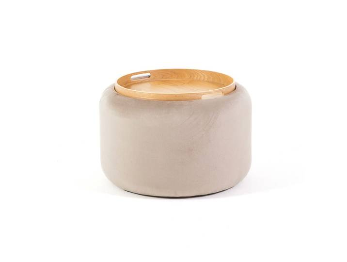 Pouf coffre velours beige couvercle bois