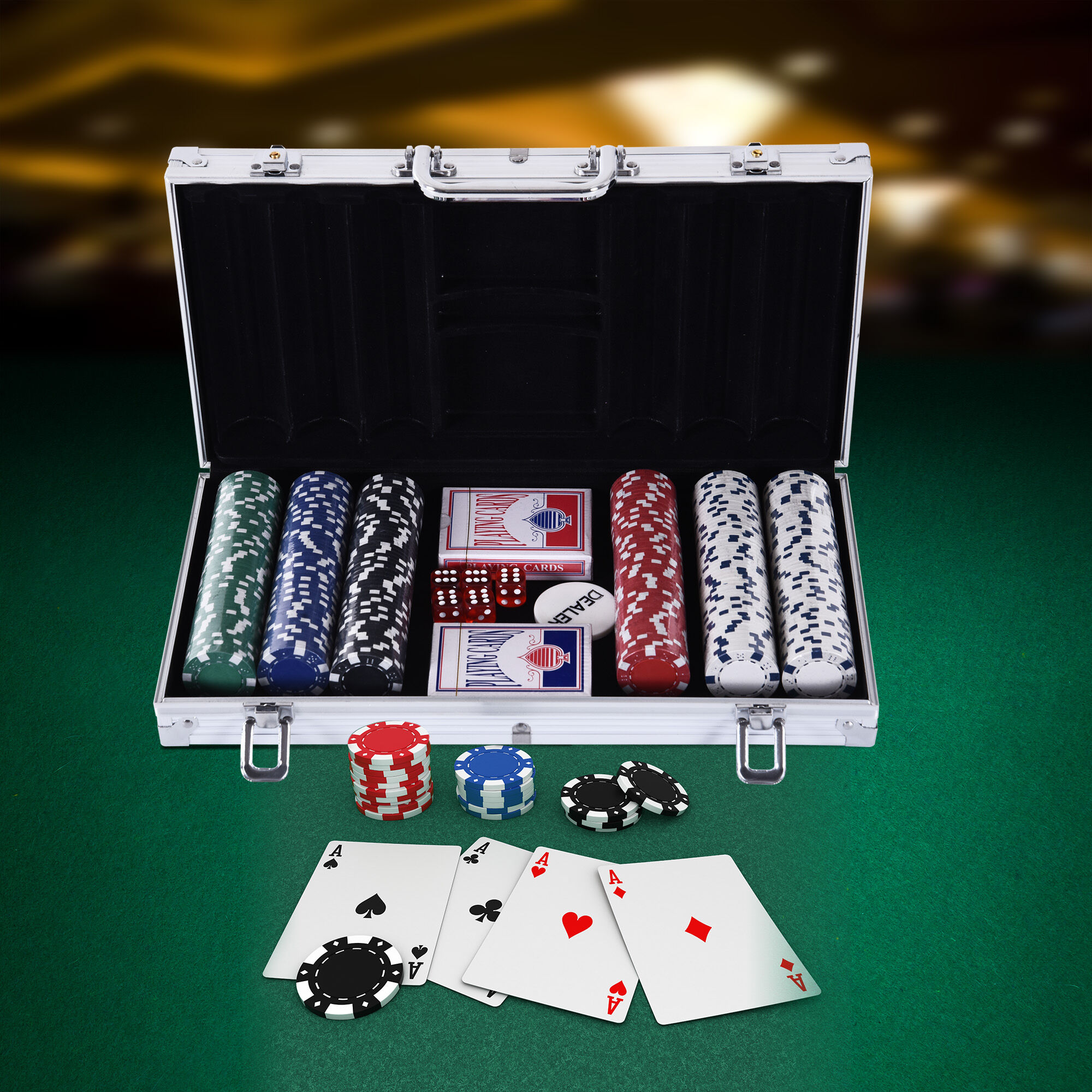 Altro Valigetta Poker Professionale In Alluminio, Set Poker Con 300 Fiches E 2 Mazzi Per Texas Hold'em E Blackjack