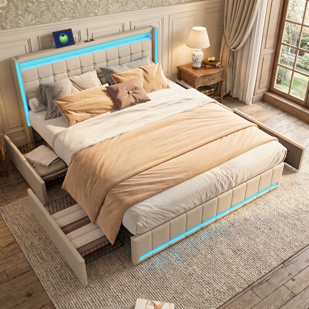 Metro Upholstered Double Bed Frame With 4 Storage Drawers And Headboard, Platform Bed With LED And Charging Station, No Mattress, (Linen) Beige European Double (140 x 200 cm)