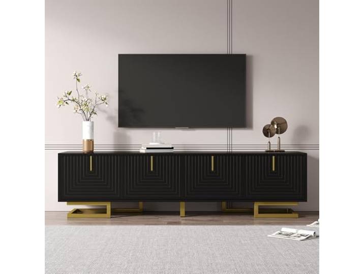 FammyLoft 160cm TV Lowboard mit 4 Strukturierten Türen, Stilvolle TV Schrank, Fernsehschrank mit Goldene Griffe und Goldene Beine, Fernseher Schrank für Wohnzimmer, Schwarz