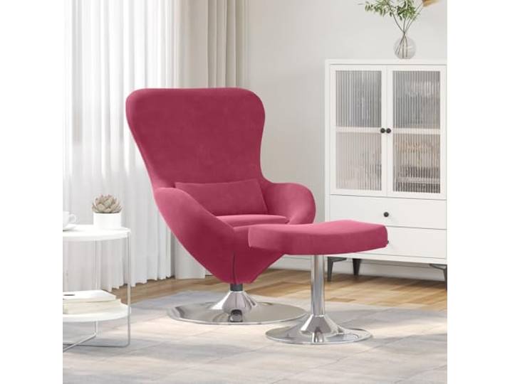 HEFZGDB Ergonomischer Ei-Stuhl mit Fußhocker in Weinrot Samt, Chrombeinen und weichem Polyesterbezug für maximalen Sitzkomfort im Wohnzimmer.