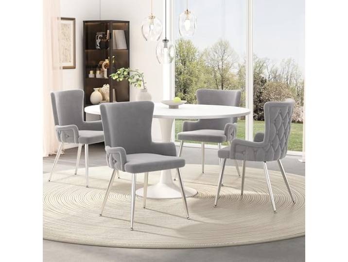 Ball & Cast Samt Esszimmerstühle (4er Set), Luxuriöse Wohnzimmerstühle mit Vier Metallfüßen, Komfortable Rückenlehne, Grau