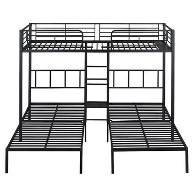 OKWISH Etagenbett Metall schwarz 227x205,5x170 cm, Dreifachbett mit Leiter und Tisch, für Hostel & Unterkunft